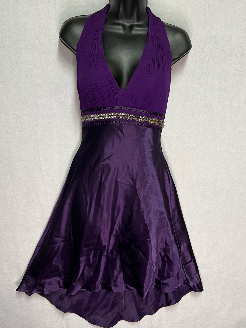 Fredericks of Hollywood Purple Halter Dress Beaded Satin Y2K Babydoll Coquette 6